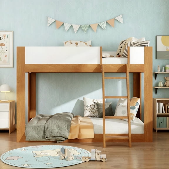 Twin-Over-Twin Low-Profile Bunk Bed with Guardrails, Wooden Kids Bed with Reversible Ladder, Accent Two-Tone Bed Frame