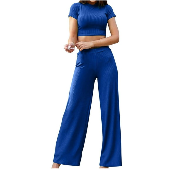 Fashion Plus Size 2 Picec of Sets for Womens Summer and Fall Casual Comfortable Solid Color Short Sleeve Round Neck Midriff-baring Solid Color Elastic Waist Pants Sets