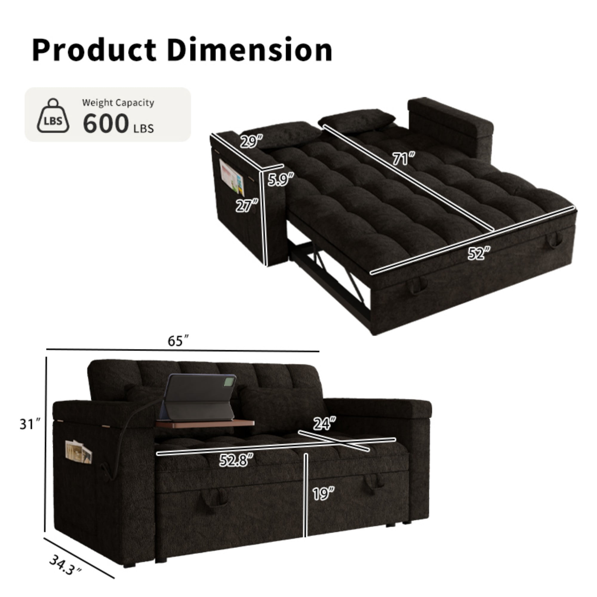 DEALTOPS 65" Chenille 3-in-1 Pull Out Sleeper Sofa Bed, Loveseat Couch with Tray Table & USB, Black