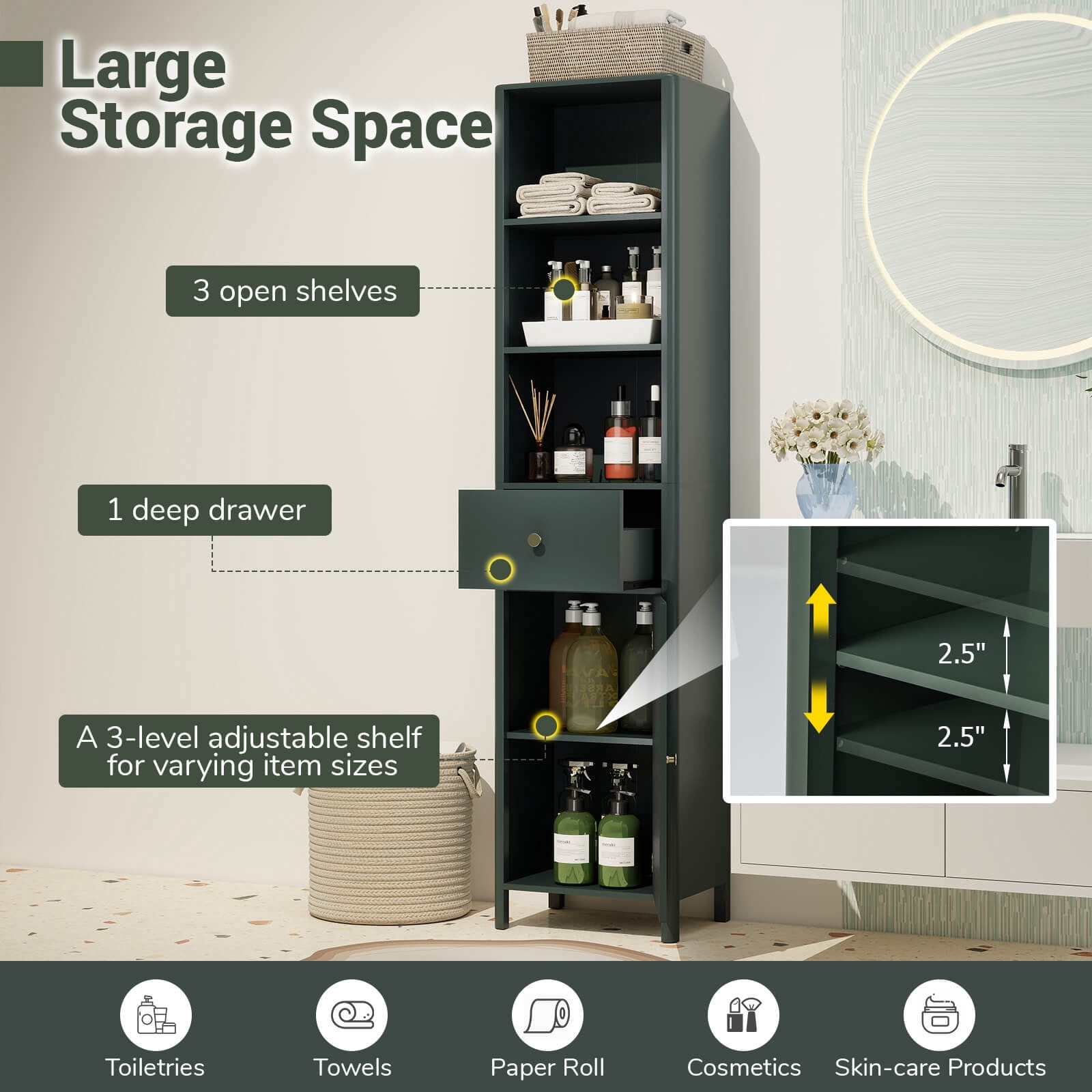 Costway 67” Tall Bathroom Cabinet with 3 Open Shelves, 1 Drawer, Adjustable Interior Shelf Green