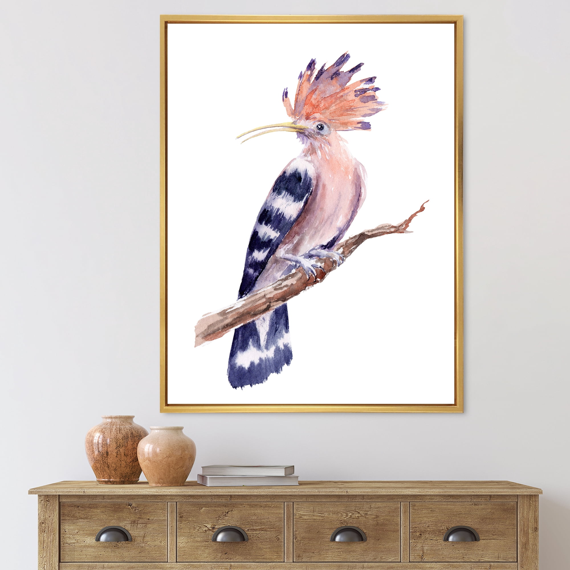 Designart 'Ancient Hoopoe Bird On A Branch' Traditional Framed Canvas Wall Art Print