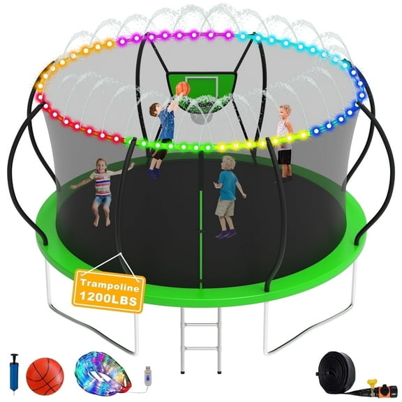 Elitezip Trampoline, 1200LBS 12FT Trampoline for 1-2 Adults/ 4-5 Kids, Trampoline with Enclosure Net, Basketball Hoop, Ladder, Light, Sprinkler, Backyard Outdoor Heavy Duty Trampoline, No Gap Design