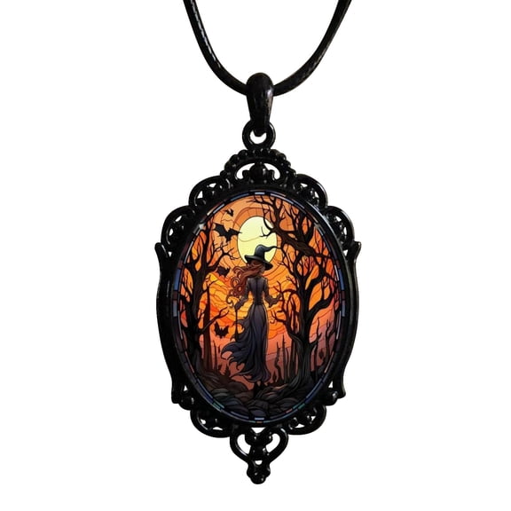 Halloween Witch Necklace, Gothic Vintage Pendant Necklace with Black Lace Frame, Alloy Themed Necklace for Women Cosplay Party Accessory