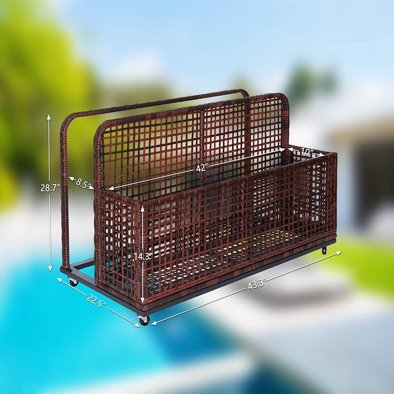 AOILE Poolside Storage with Rolling Wheels, PE & Iron Outdoor Storage Toy Rack for Poolsides, Patios, Gardens, Waterproof, Weather Resistant and Easy Mobility, Brown