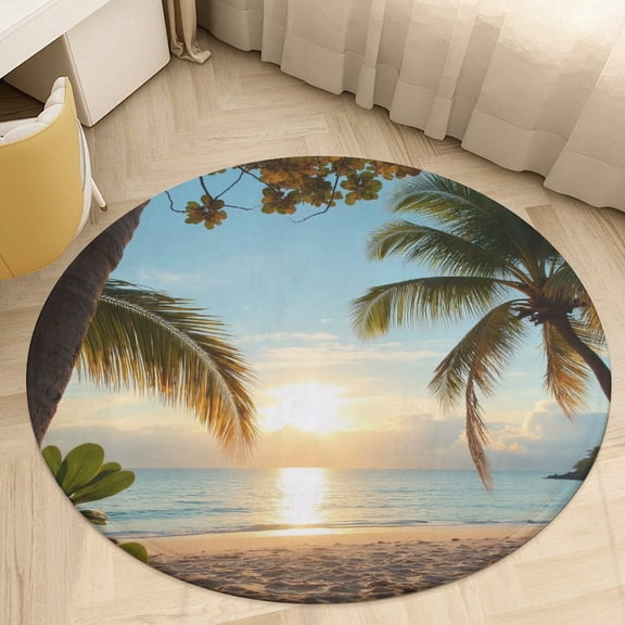 Tropical Beach Sunset Round Area Rugs for Bedroom Living Room, 3FT Soft Indoor Circle Carpets, Carpet Home Decor Floor Mat