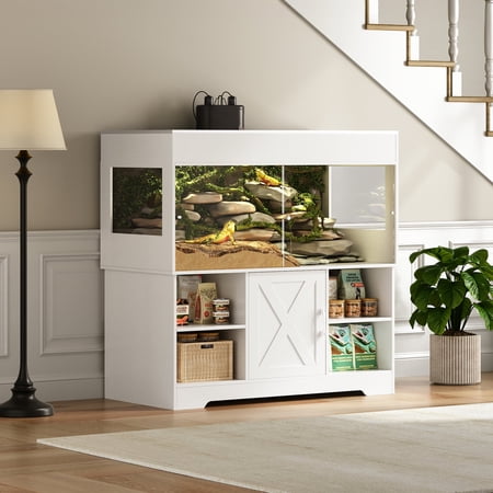 Herture 120 Gallon Reptile Tank with Stand, 4x2x2 Terrarium Enclosure for Bearded Dragons, Snakes, Lizards ?Sliding Acrylic Doors, Mesh Top, Storage Cabinet, Built-in Power Outlet White PX01RTW
