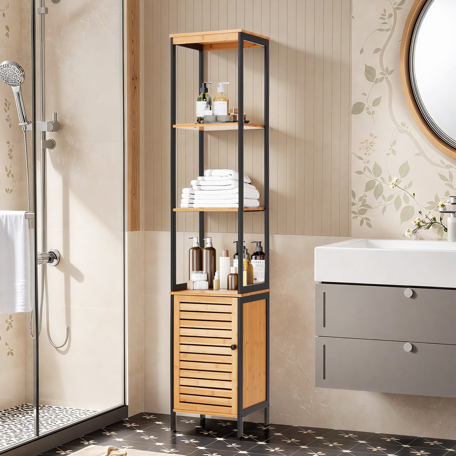 Danrelax 68" Bamboo Bathroom Cabinet, 5 Tier Floor Shelving Unit with Open Shelves & Cabinet Storage, Premium Moso Bamboo Organizer for Bathroom, Kitchen, or Living Room