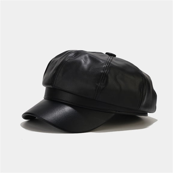 8 Panels Newsboy Caps for Women, PU Leather Cabbie Painter Hat Gatsby Ivy Beret Cap Black One Size