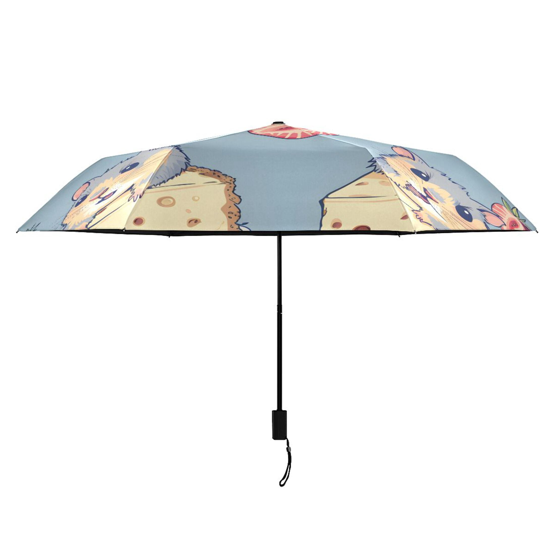 Hamsters Eating Cheesecakes and Strawberries All Weather Umbrella Triple Folding Parasol 6 Ribs UV Protection Portable