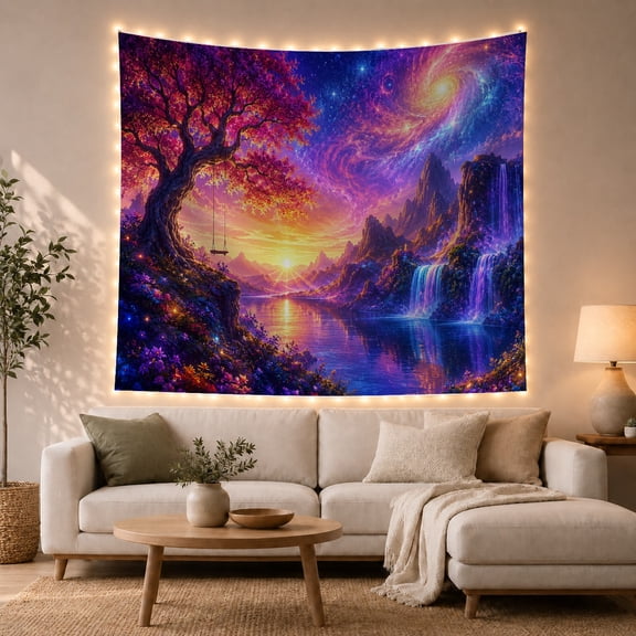 Ancient Pink Tree Over Cosmic Lake and Waterfalls, Mystical Psychedelic for Space Lovers, Cosmic Landscape Art, Housewarming Gift, Tapestry Wall Hanging for Bedroom and Studio
