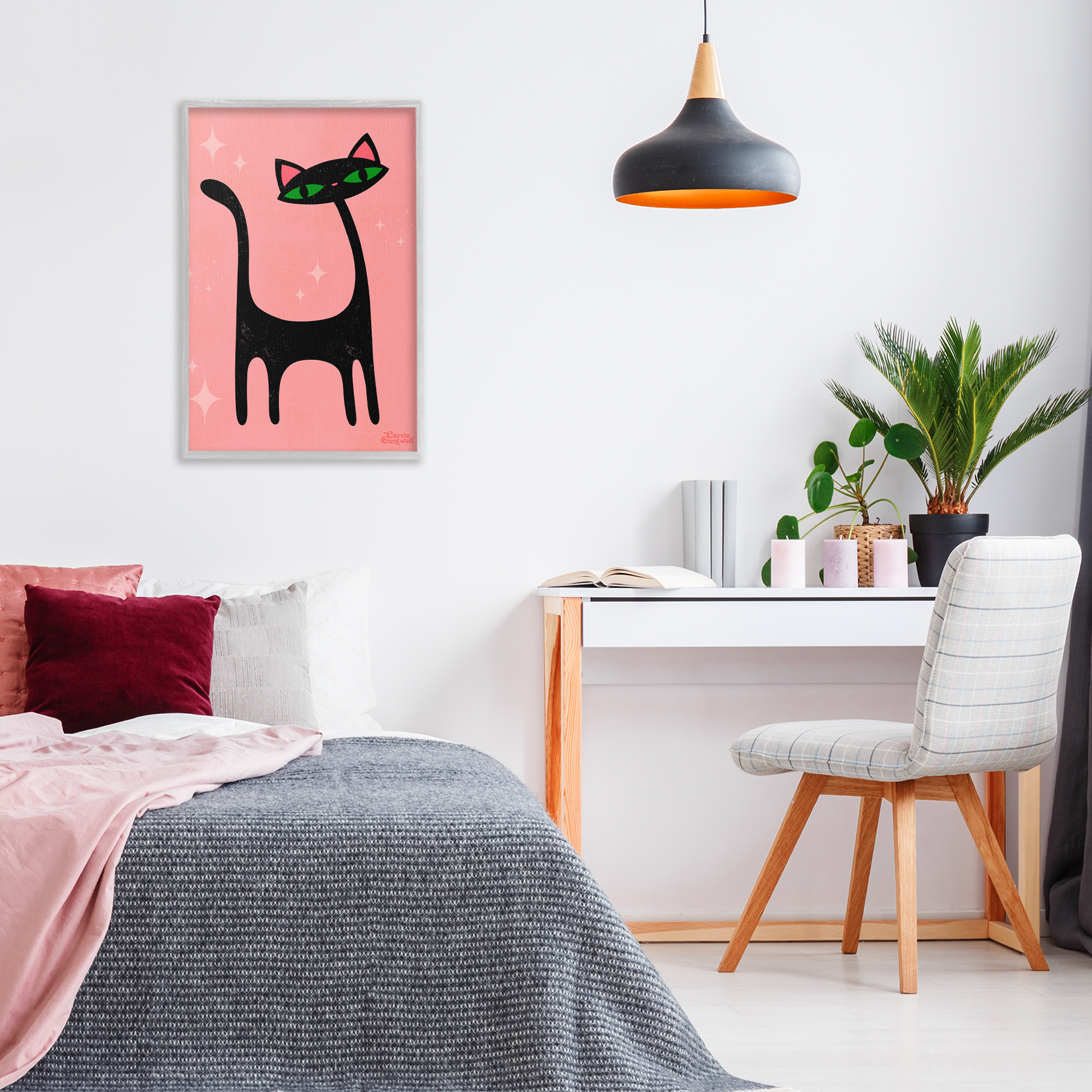 Stupell Industries Retro Black Cat Animals & Insects Painting Gray Framed Art Print Wall Art, 20 x 30