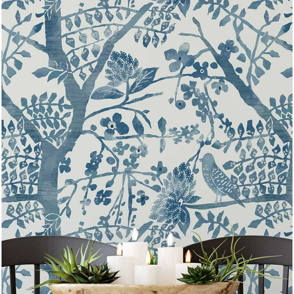 S4Sassy Self Adhesive Wallpaper, Tree & Bird Wallpaper, Blue Removable Diy Vinyl Wall Covering, Peel And Stick Contact Paper For Entryway Accent Wall, Easy Home Decor Solution (25"X 60")