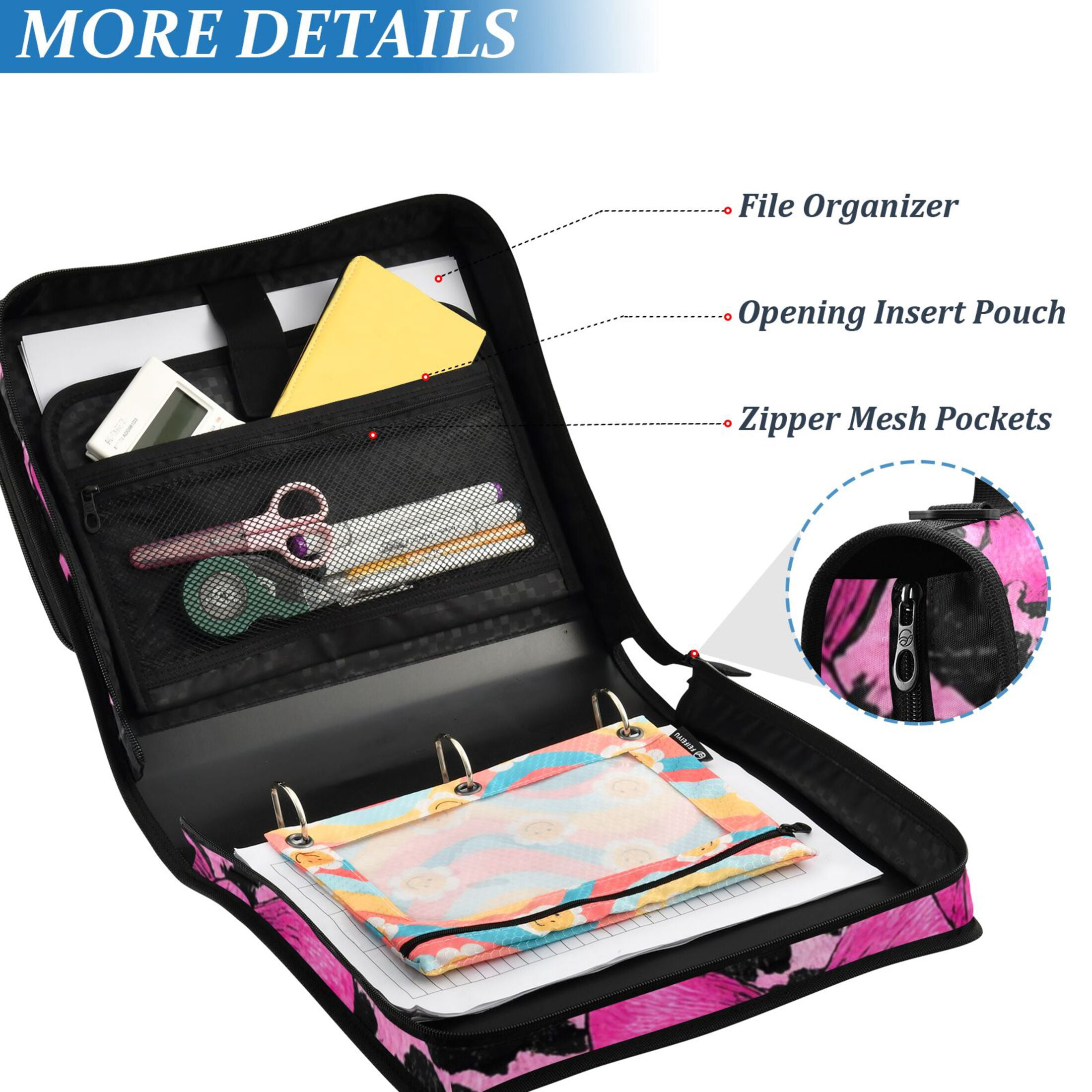 Zipper Binder Bow and Leopard Print 1.5 Inch Binder Folder Bag with Shoulder Strap and Handle