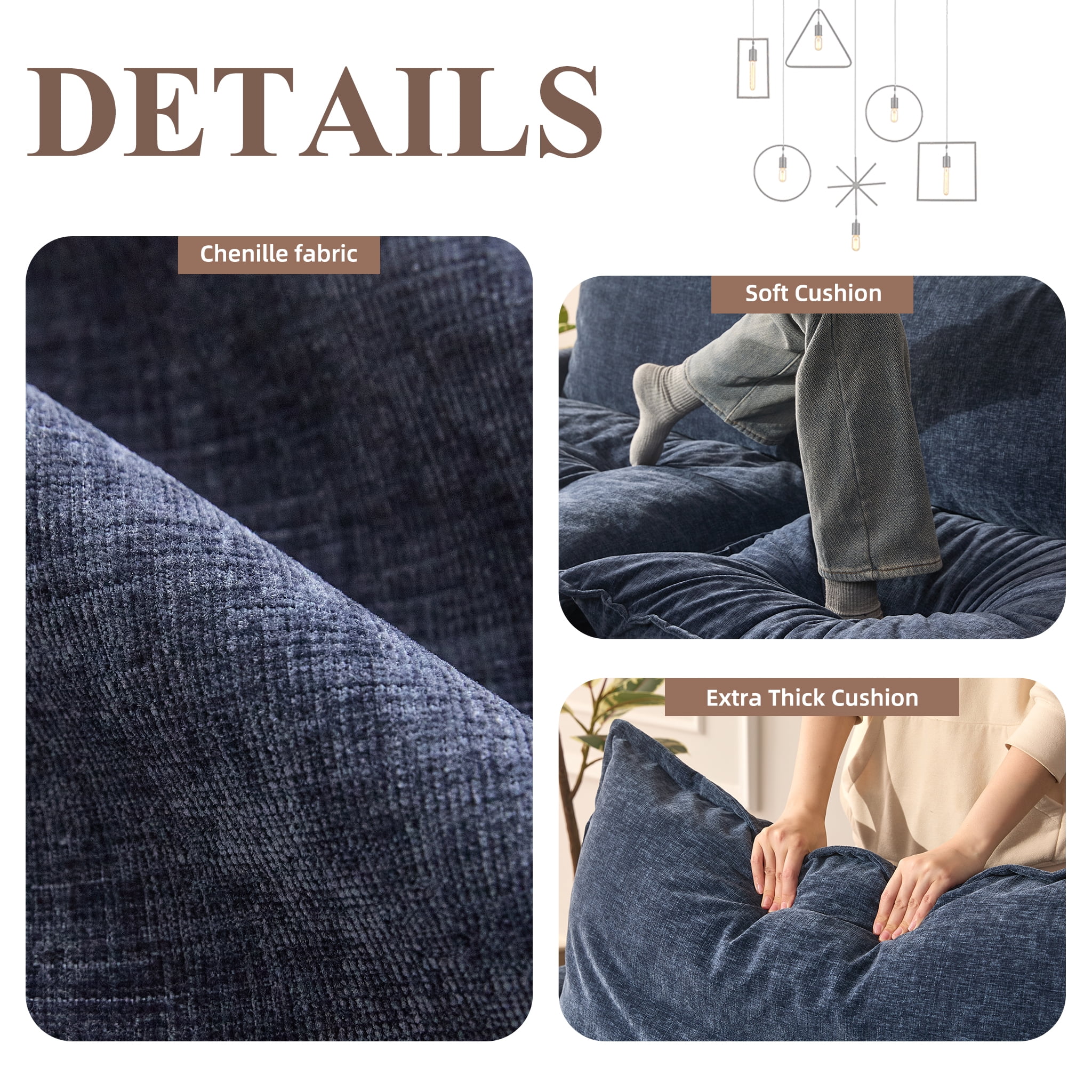 LAKPS 4-Seater Sectional Sofa Bed, Chenille Cloud Couch for Living Room, Navy