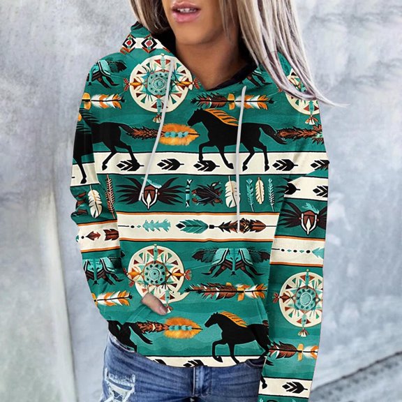 Hilzaten Womens Hoodies Casual Long Sleeve Drawstring Print Loosse Kangaroo Pocket Womens Pullover Sweatshirt