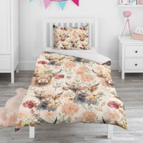 Flower and Highland Cow Duvet Cover and Pillowcase Set for Single Bedding, Bedroom Accessories for Kids Teens
