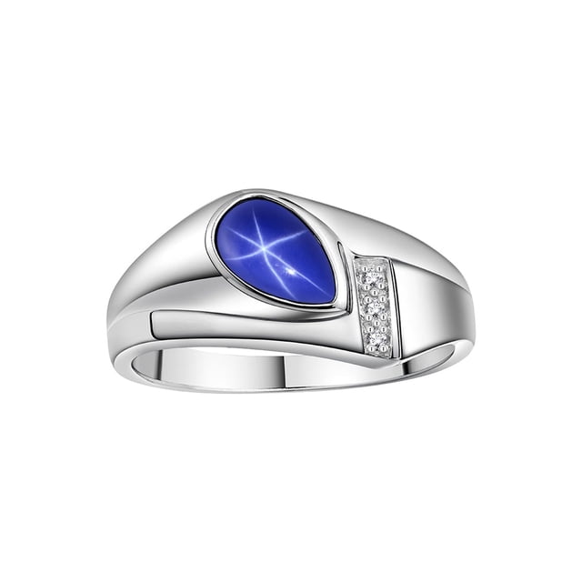 RYLOS Men's Rings Sterling Silver Ring - Timeless Pear Shape Cabochone Gemstone & Diamonds - Tear Drop Blue Star Sapphire Rings For Men Size 8