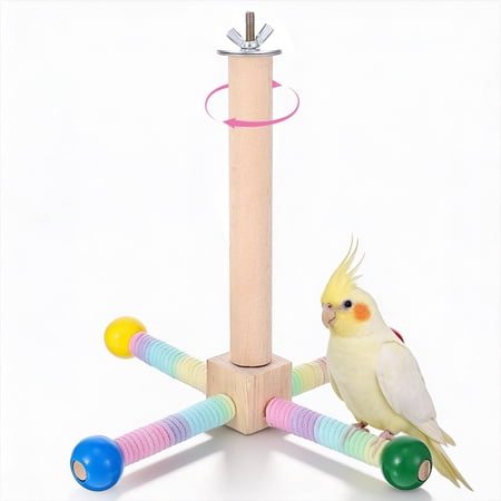 Rotating Parrot Perch Toy with Chew Ball - Bird Cage Accessories for Small and Medium Birds - Natural Wood and Cotton Rope Parakeet Toys and Accessories