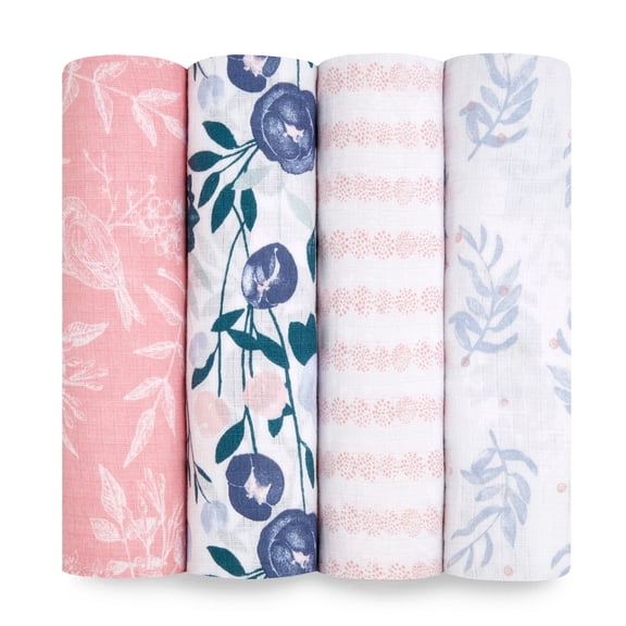 aden   anais Essentials, Cotton Muslin Swaddle Blanket, Flowers Bloom, Girls, Infants, 4-Pack