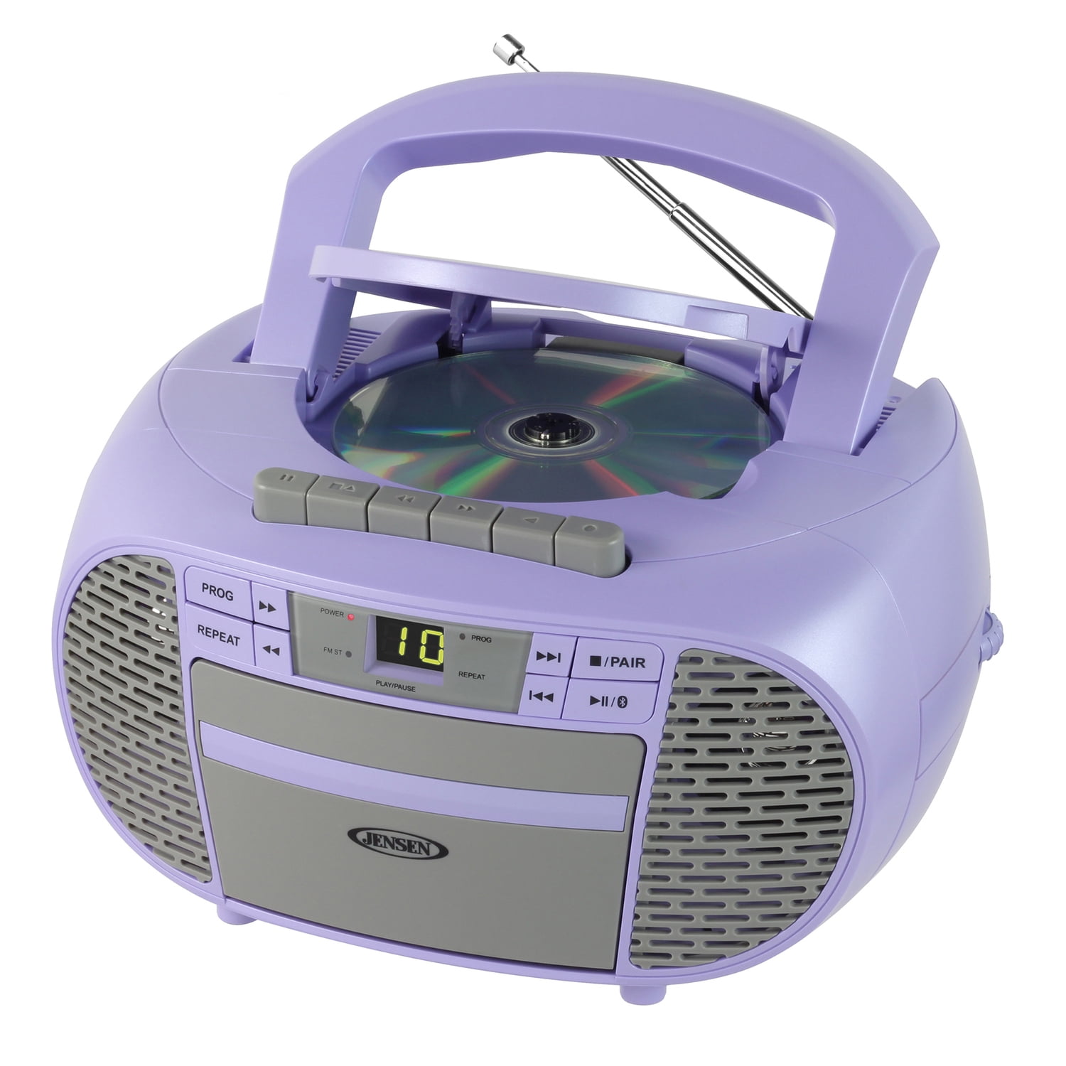 JENSEN Portable Bluetooth CD Music System with Built-in Speakers, Cassette Player/Recorder, AM/FM Radio, and Aux, CD-550ABT , Purple