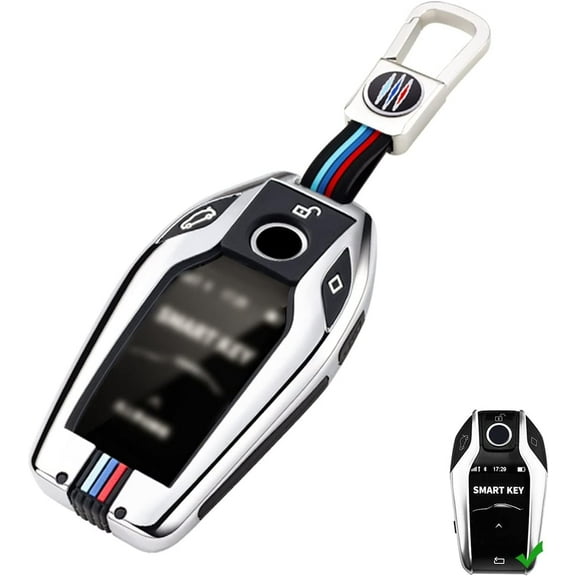 Xotic Tech M-Colored Stripe Silver Metal Key Fob Cover LCD Smart Remote Shell Case w/Keychain, Compatible with X3 X5 3 4 5 6 7 Series Z4 M3 M5 M6 GT3 GT5 G05 G20 G30 G80 F10 F15 F16 F20 F30 F8