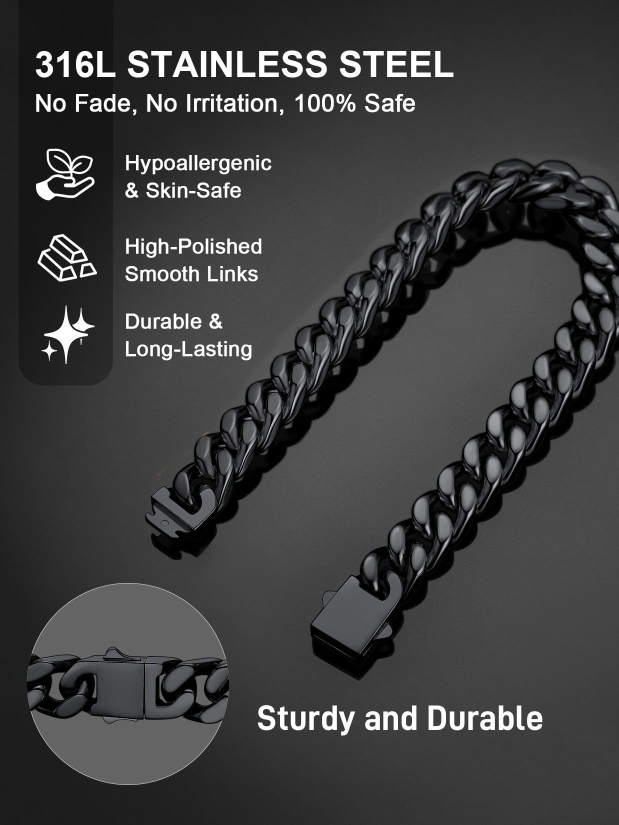 ChainsProMax Black Cuban Link Chain for Men 9mm Wide 7.5inch Men Chain Cuban Bracelet Jewelry Gift for Father