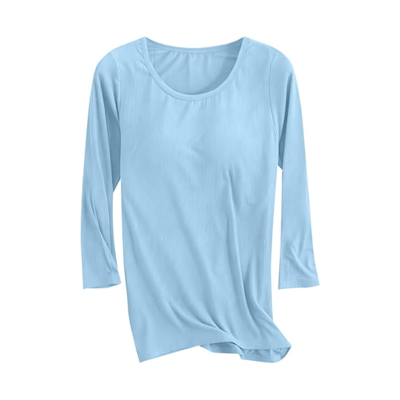 SCSAlgin Women Seamless Built-in Bra 3/4 Sleeve Shirts U Neck Knit T-Shirts Basic Tops Summer Outfits