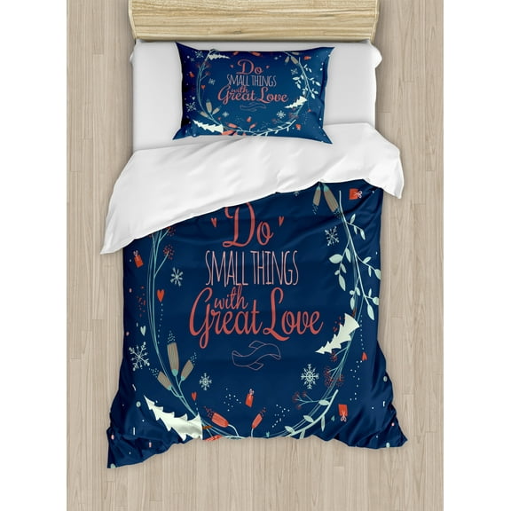 Saying Duvet Cover Set, Romantic Floral Wreath with Laurel Leaves Loving Wishes Calligraphy Vintage, Decorative 2 Piece Bedding Set with 1 Pillow Shams, Twin Size, Navy Mint Green Red, by Ambesonne