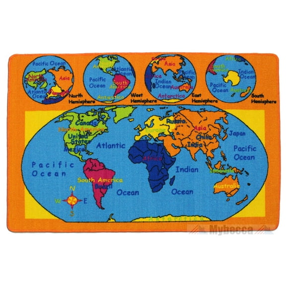 Mybecca Kids Rug World Map 3' X 5' Children Area Rug for Playroom & Nursery - Non Skid Gel Backing (39" x 56")