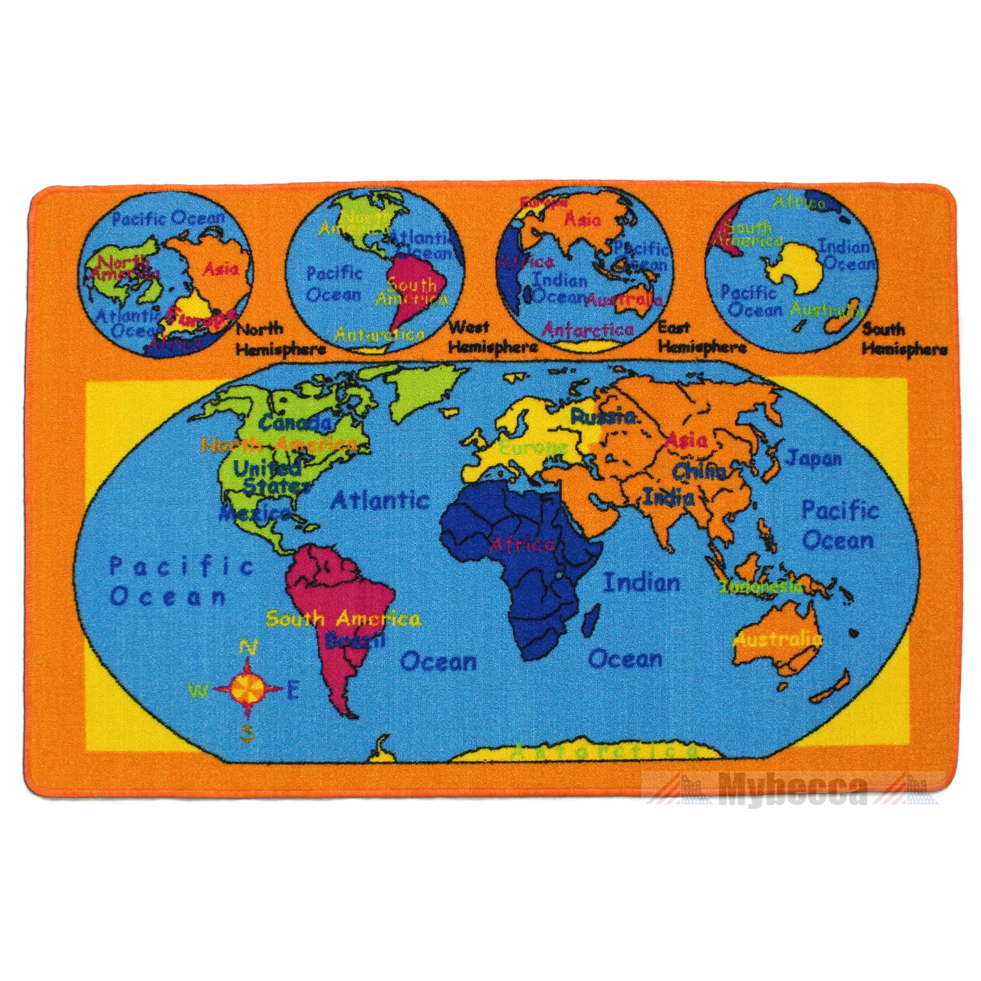 Mybecca Kids Rug World Map 3' X 5' Children Area Rug for Playroom & Nursery - Non Skid Gel Backing (39" x 56")