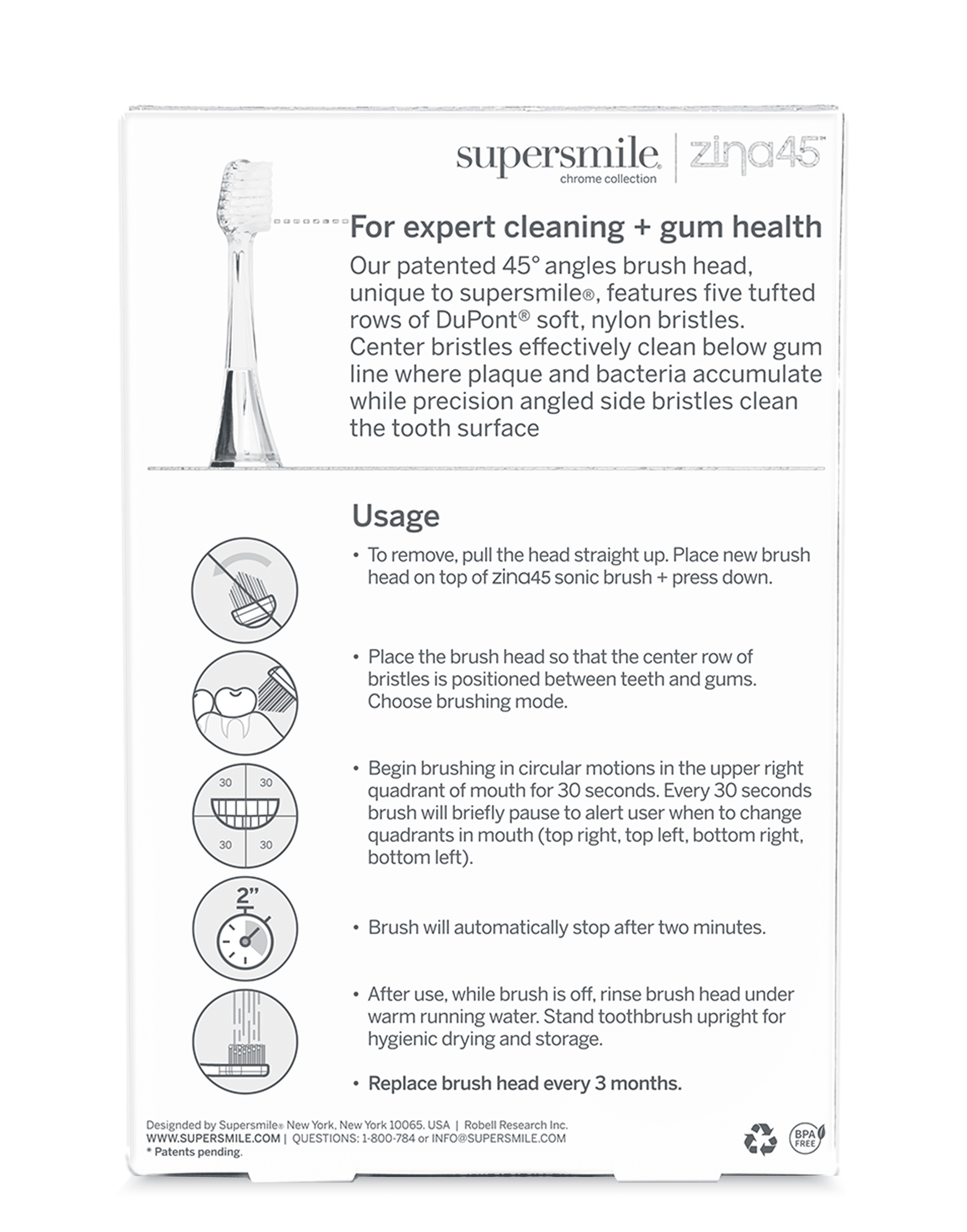Supersmile Replacement Brush Heads for Zina45 Sonic Pulse Electric Toothbrush, Silver (Pack of 2)