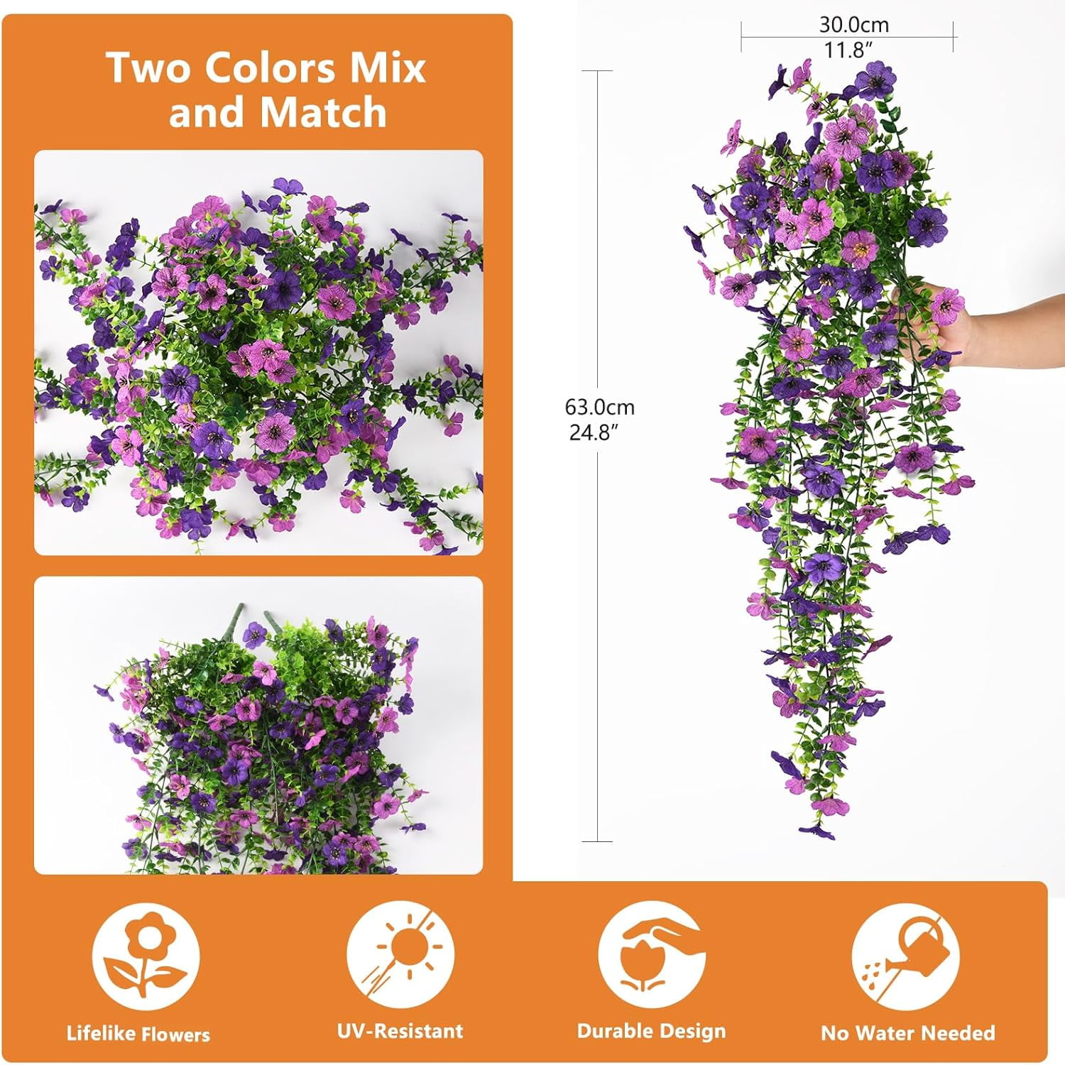 Artificial Hanging Flowers for Outdoors, 2 Pcs Fake Hanging Plant Spring Summer Decor, UV Resistant No Fade Faux Silk Daisy Flower for Planter Front Door Porch Patio Yard Garden(Double Purple)