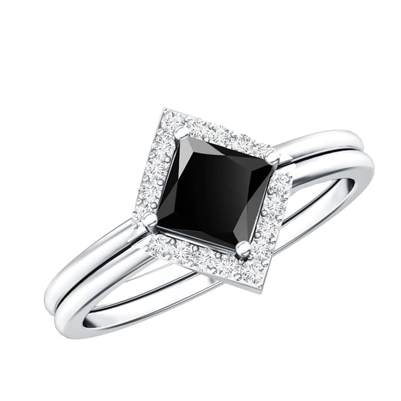 Rosec Jewels Real Black Onyx Diamond Wedding Ring Set of 2 - Half Carat Princess Cut Engagement Ring with Enhancer - AAA Quality, 925 Sterling Silver, US 4.00