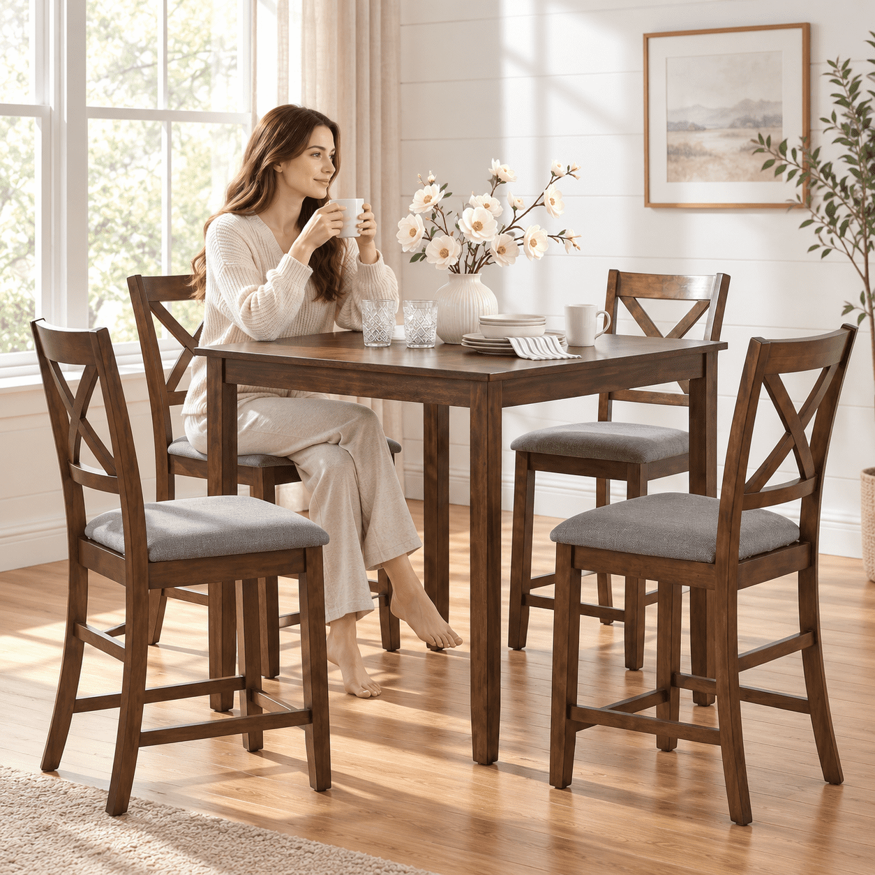 PAPROOS Counter Height Dining Table, Solid Wood Square Kitchen Table for Small Space, Modern Farmhouse Acacia Wooden Dining Table, Walnut(Table Only)