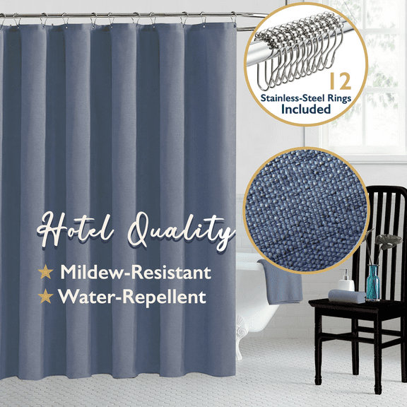 ComfiTime Fabric Shower Curtain with Hooks – 210 GSM Heavy-Duty Faux Linen Hotel Luxury Cloth Bathroom Curtain, Weighted Hem, Water-Repellent, Mold-Resistant, Machine-Washable, 72 x 96 in, Smoke Blue