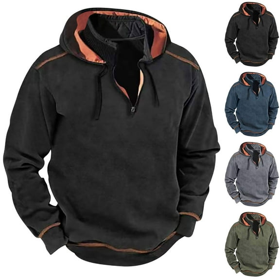 CQONEPT Mens Pullover Hoodies Dressy Casual Sweatshirts 1/4 Zip Hooded Outdoor Clothes with Pockets Gray XL