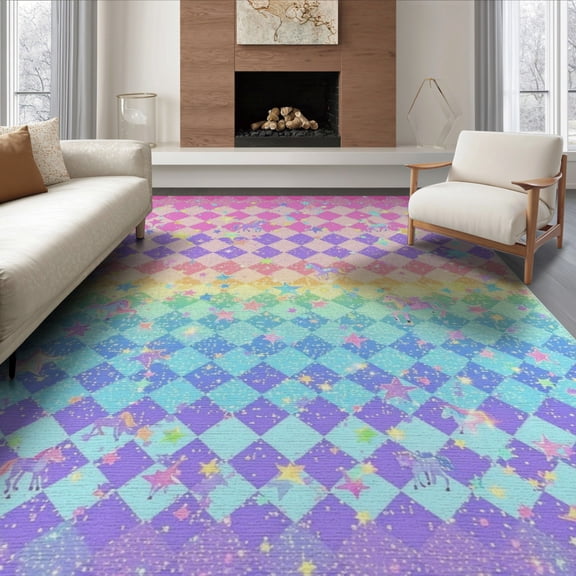 ODIKA 8'x10' Washable Area Rug Playroom Sparkle Unicorn Checkered Gradient Para Purple for Dining Room, Large Office, Lounge, Non-Slip Chair-Friendly Mat