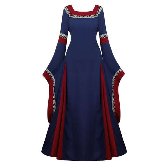 Famajia Womens Medieval Renaissance Costume Cosplay Victorian Vintage Retro Gown Long Dress Navy 2X-Large