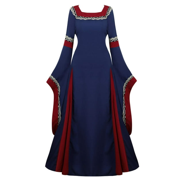 Famajia Womens Medieval Renaissance Costume Cosplay Victorian Vintage Retro Gown Long Dress Navy 2X-Large