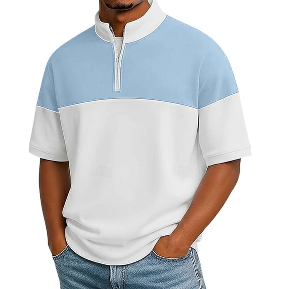 YLSDY Men's Color Block Stand Collar Short Sleeve Shirt Modern Color Block Button Casual Holiday Top Blue XXL