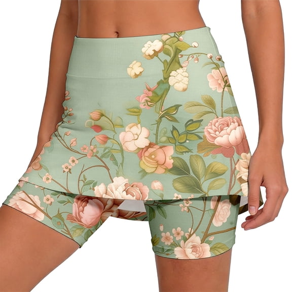 Wxolcjlv Womens Botanical Floral Print A Line Mini Skort High Waist Stretch Fit Sport Built‑In Shorts Tennis Bottoms