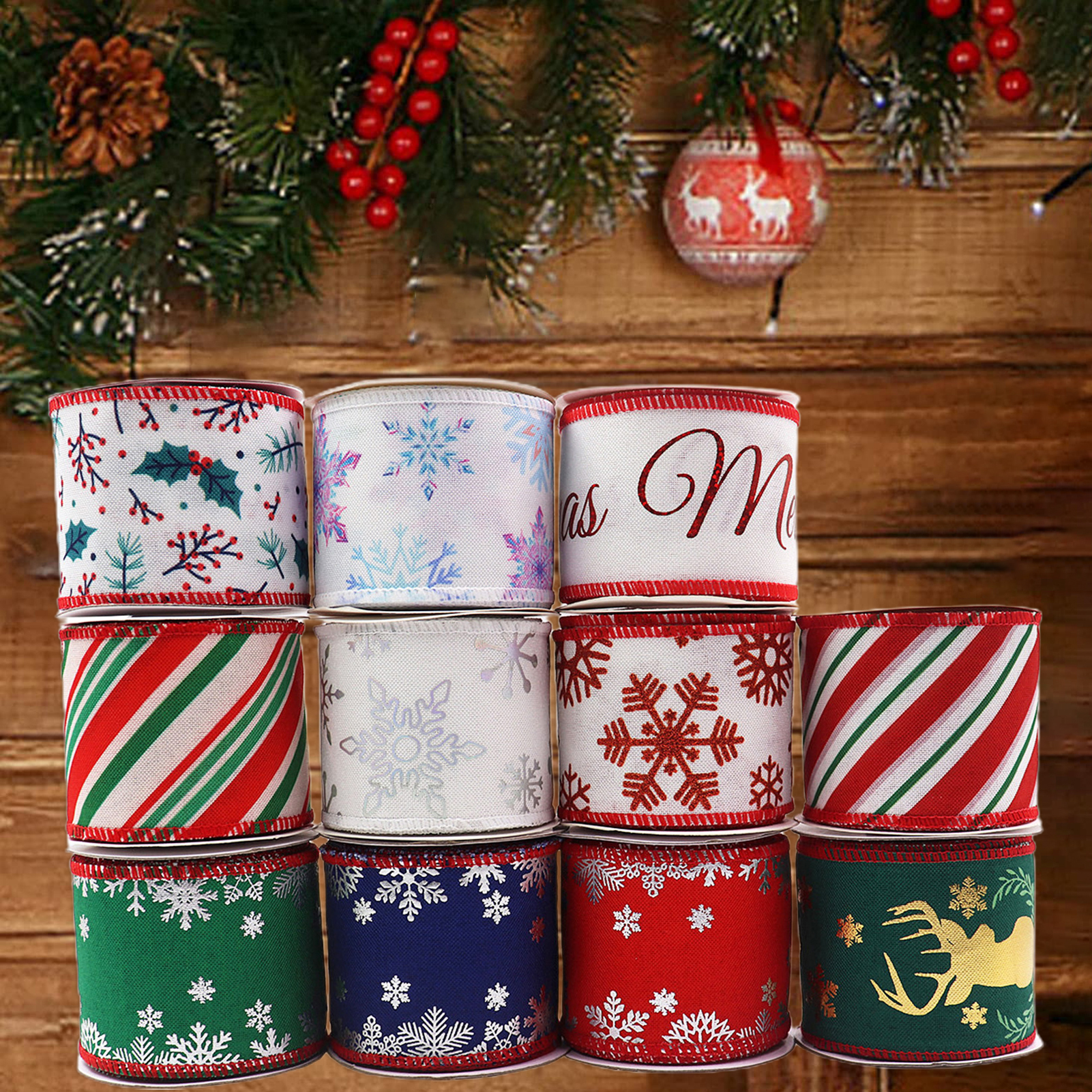 Travelwant 5 Yards Christmas Ribbon Wired Farmhouse Merry Christmas Red