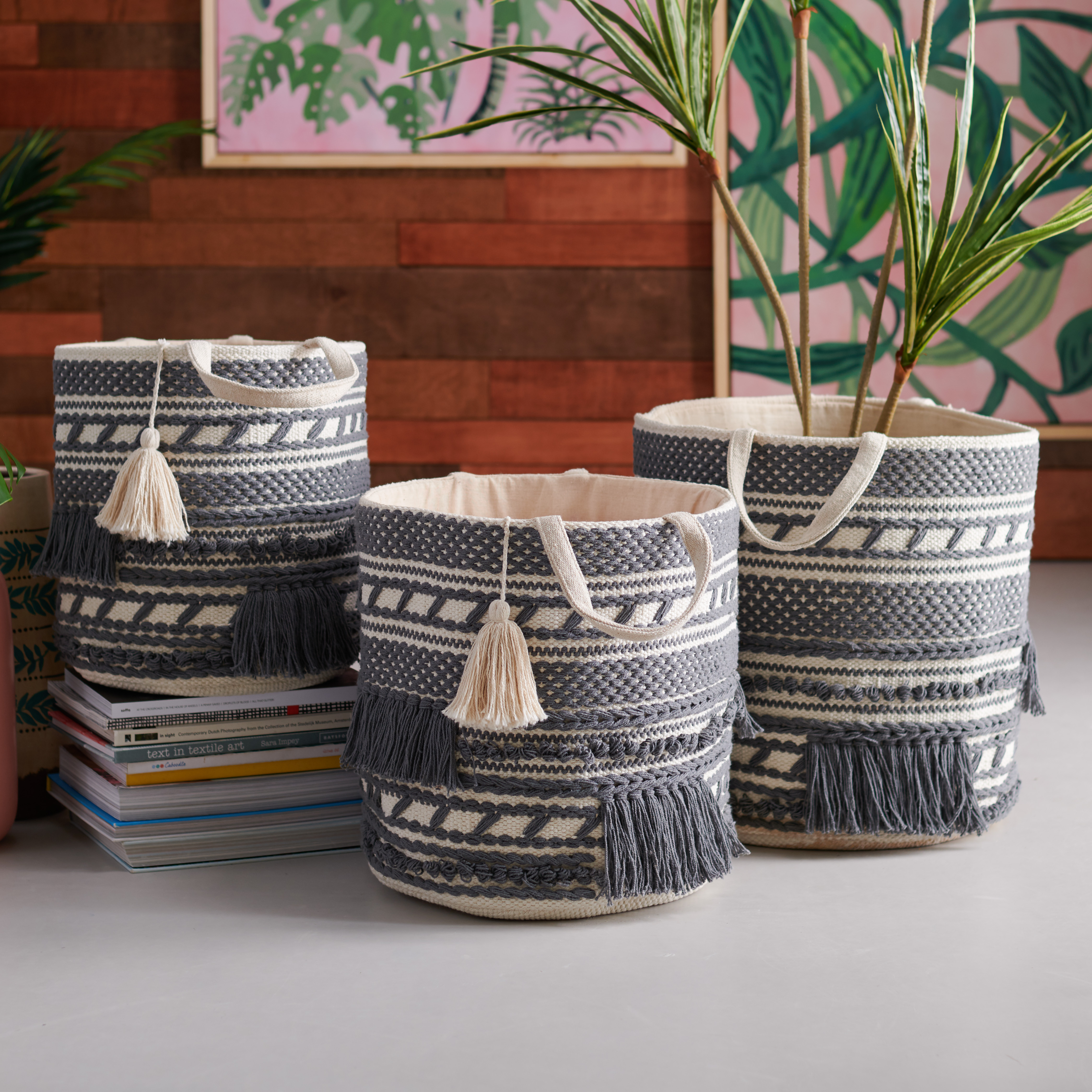 Hand Woven Macrame 3 Piece Basket Set, Natural and Charcoal by Drew Barrymore Flower Home - image 2 of 10