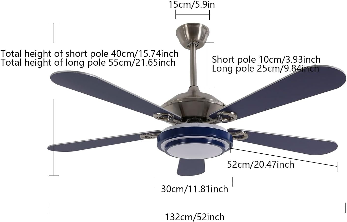 52" Ceiling Fans with Lights, Flush Mount Ceiling Fan Light with Remote Control, Reversible, Quiet, 6 Wind Speeds, Timing Function, for Bedroom Indoor Use, Blue