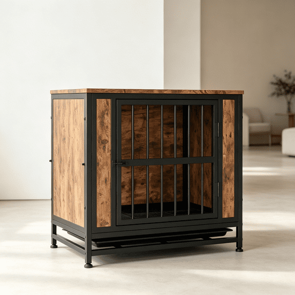 Furniture Style Dog Crate with Side Table Top, Dual Sliding Doors and Removable Tray for Small Dogs, Rustic Brown Finish