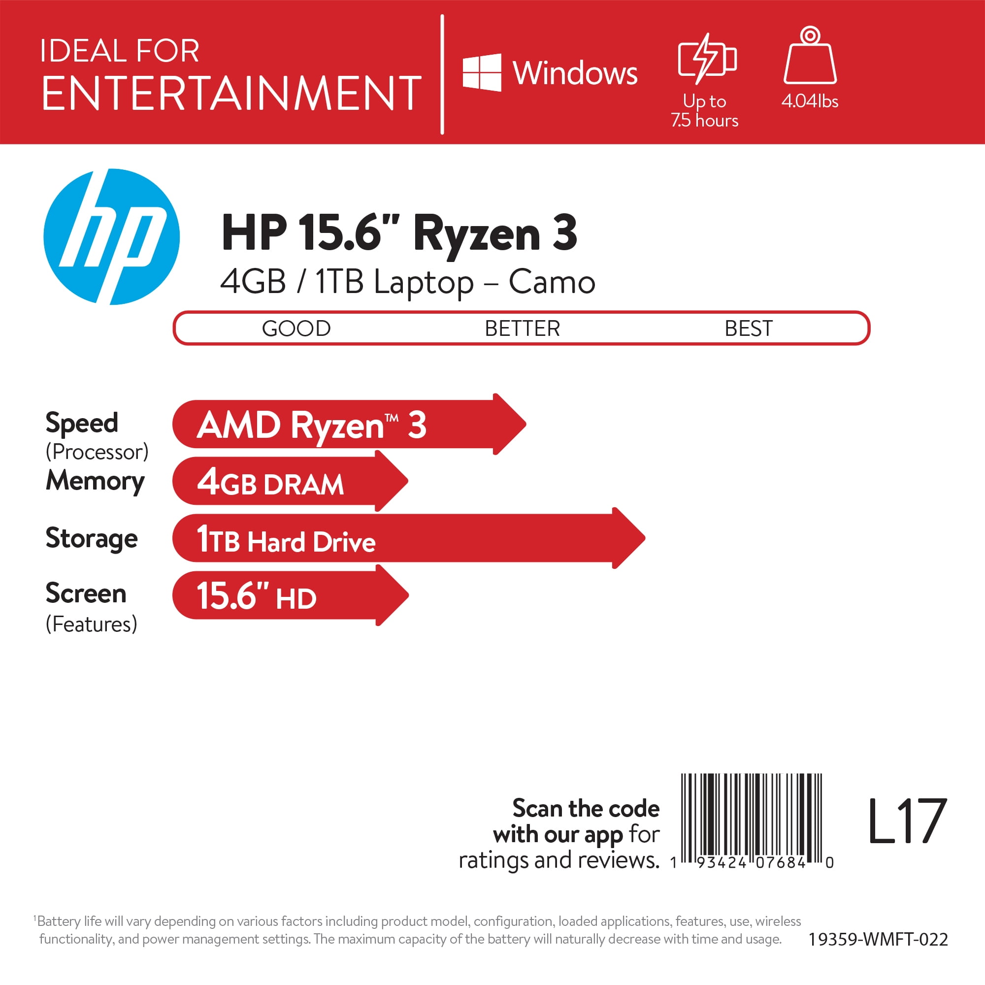 HP 15.6" Laptop, AMD Ryzen 3 2200U, 1TB HDD, 4GB SDRAM, DVD-Writer, Realtree Edge Camo, 15-DB0047WM