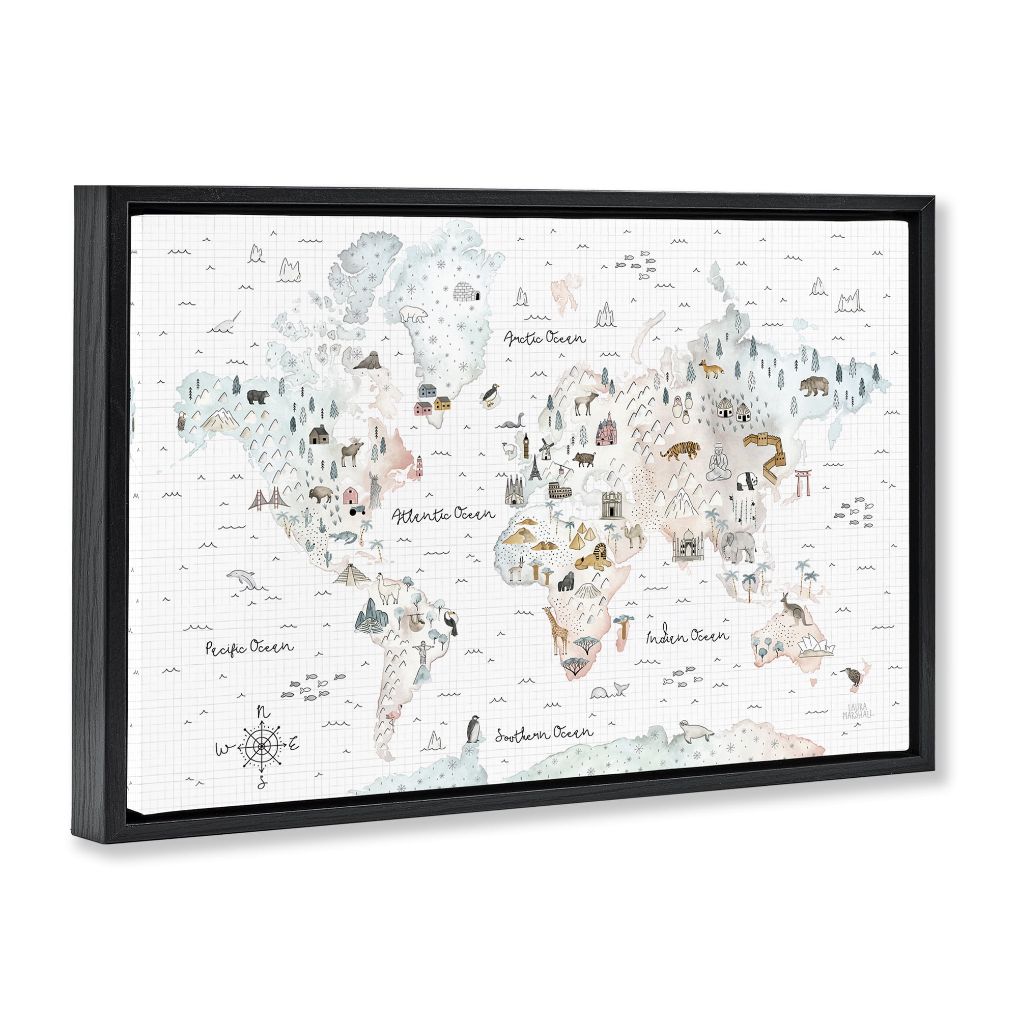 Stupell Industries Whimsical World Traveler Map Animals Painting Black Floater Framed Canvas Art Print Wall Art, 31 x 21