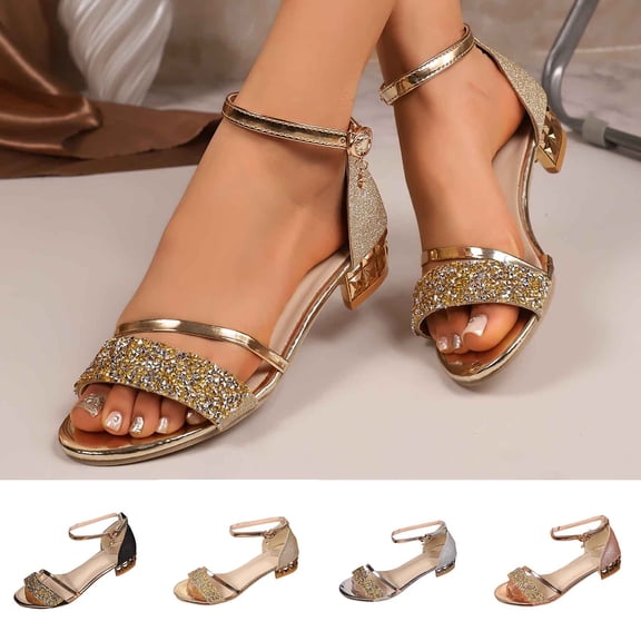 Kojanyu Women's Low Heel Sandals Glitter Rhinestone Ankle Strap Open Toe Dressy Evening Party Wedding Comfortable Block Heel Shoes
