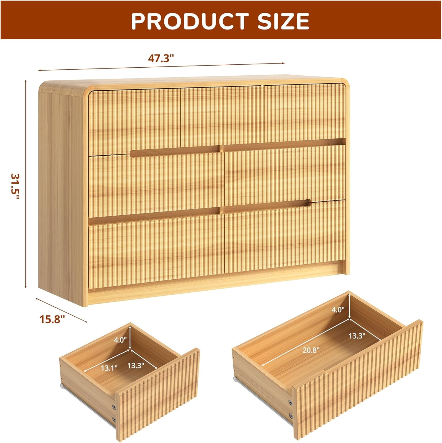 Fluted Dresser for Bedroom, 7 Drawer Dressers for Closet 48" Wide Large Wood Dresser Modern TV Stand, Wooden Clothes Storage Organizer Chest of Drawers for Living Room Hallway Entryway