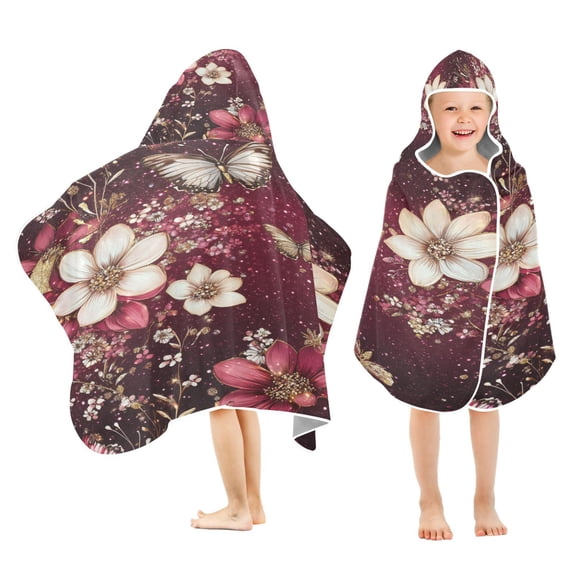 YAZAOO Towels Kids Hooded Beach Towel Blossoms and Butterflies on Burgundy Pool Bath Towel Soft